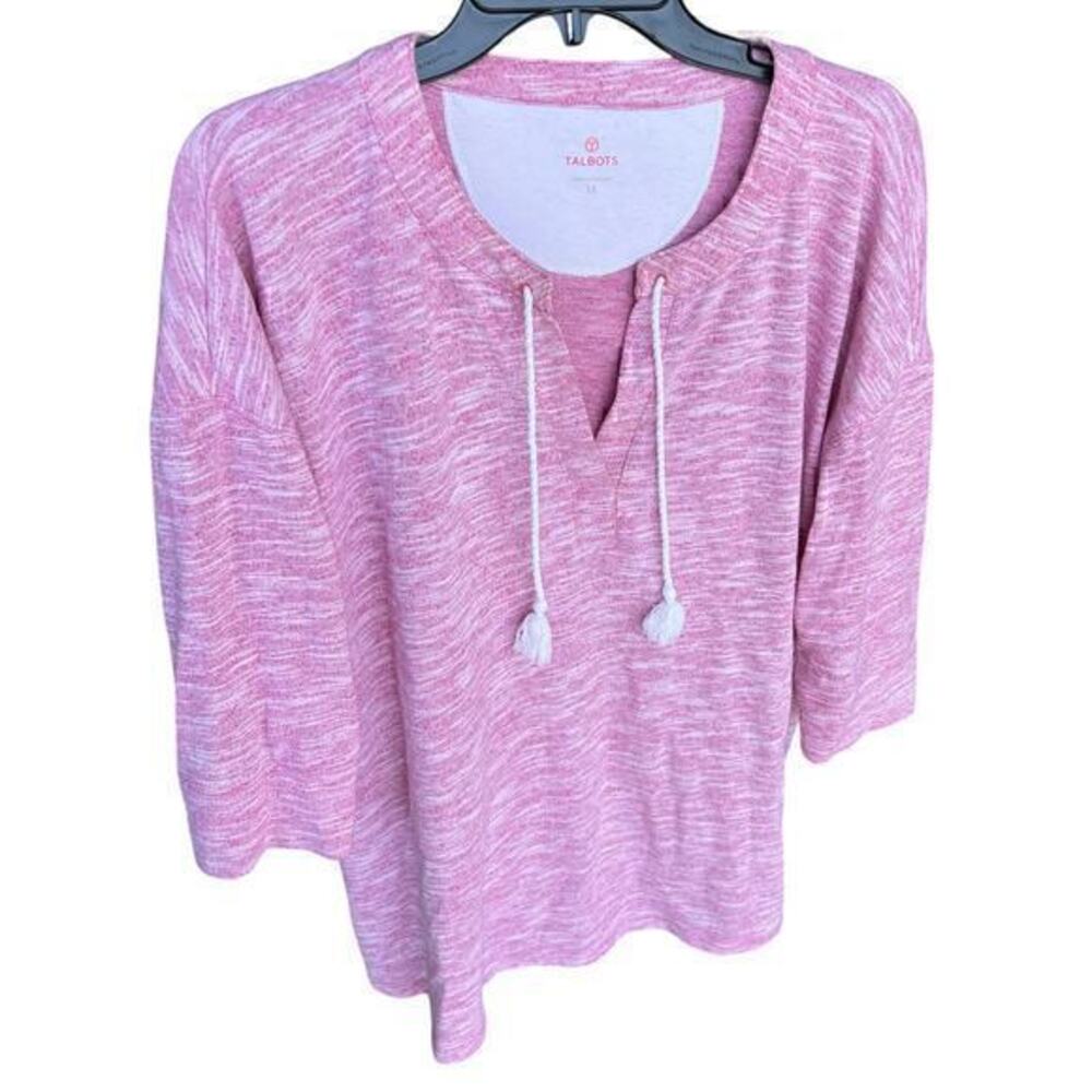 B8 Talbots Woman’s Plus bubblegum pink heathered Y neck boho Beachy tassels 1X